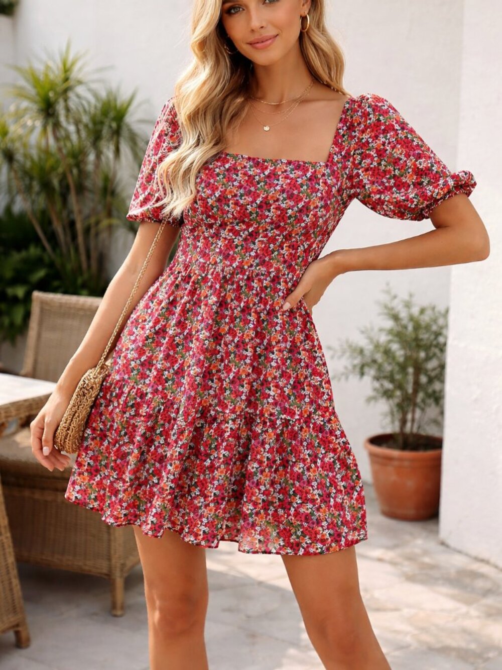 BCBGeneration Floral Mini Dress Red Puff Sleeve Tie Back Boho Cottagecore Size 1